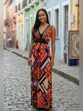 R&M Richards V-Neck Geometric Maxi Dress in Orange, Black. Pink & Cream, Size 8